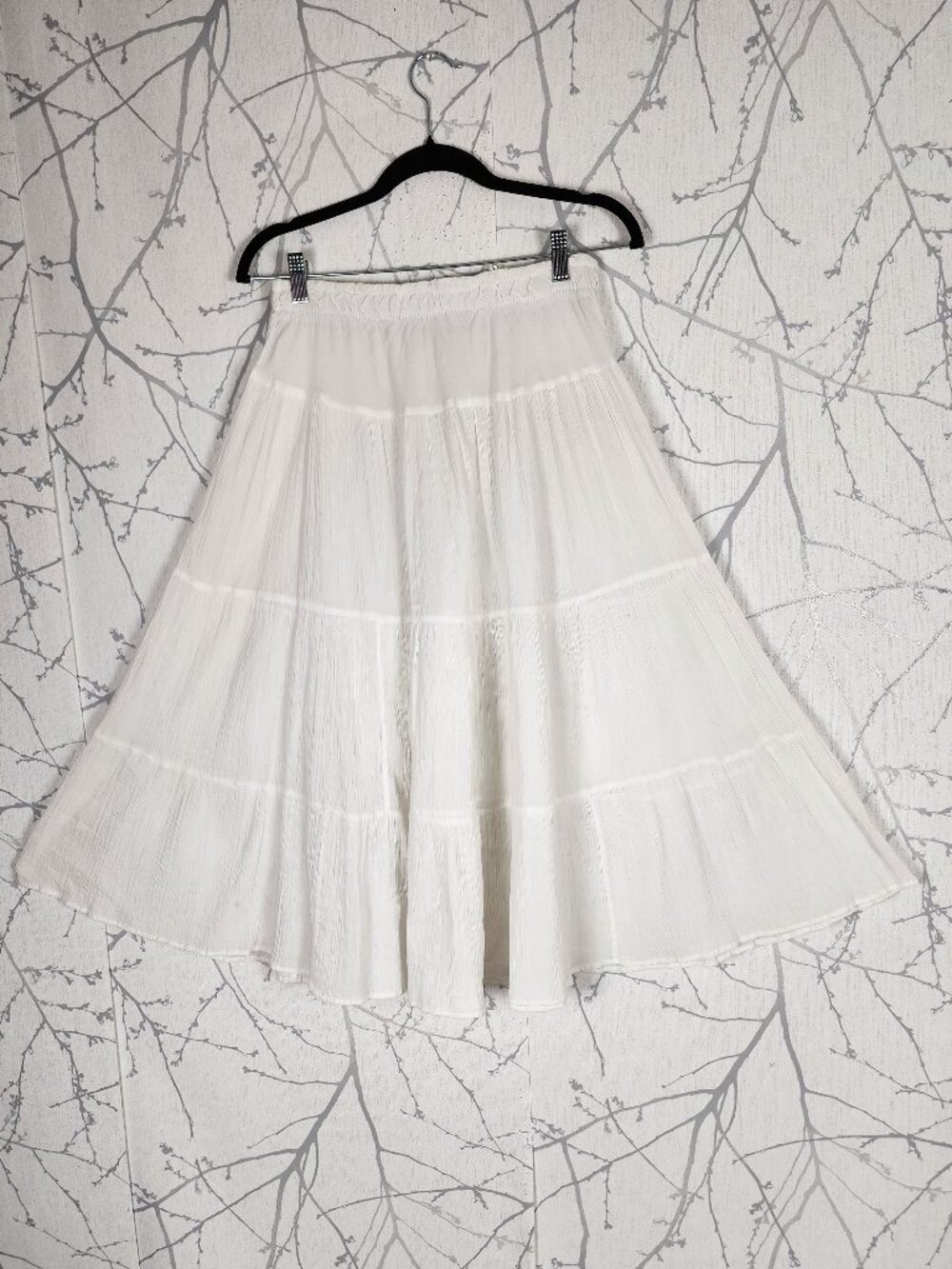 White Crinkle Gauze Cotton Elastic Waist Tiered Flowy Skirt